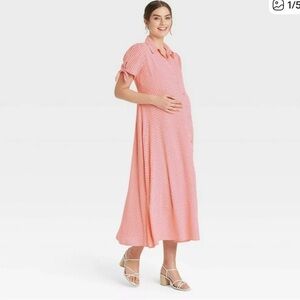 Hatch Maternity Pink Polka Dot Midi Dress Button Short Sleeve Size S